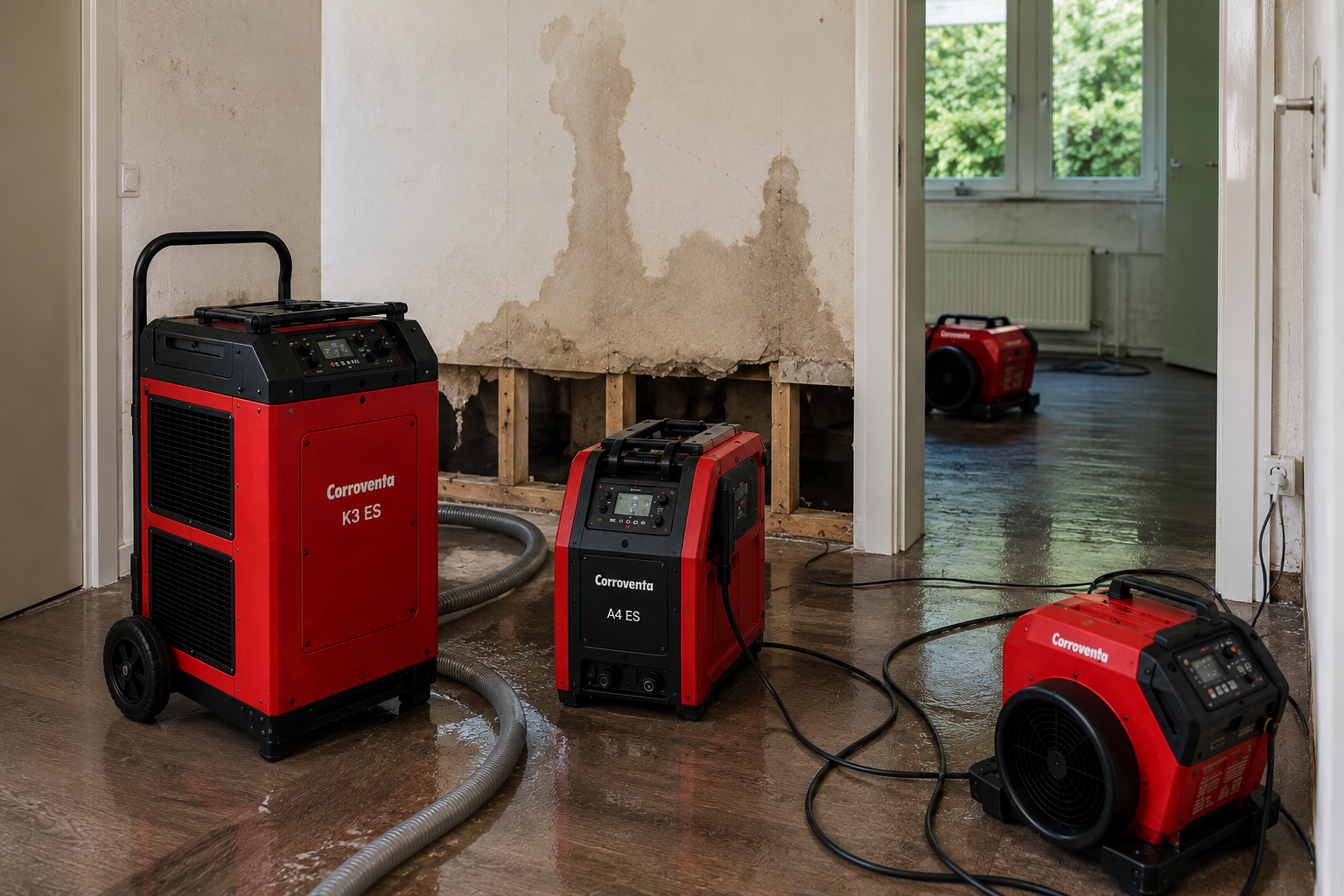 Corroventa Bautrocknungsgeräte K3 ES und A4 ES nach Wasserschaden in Dortmund