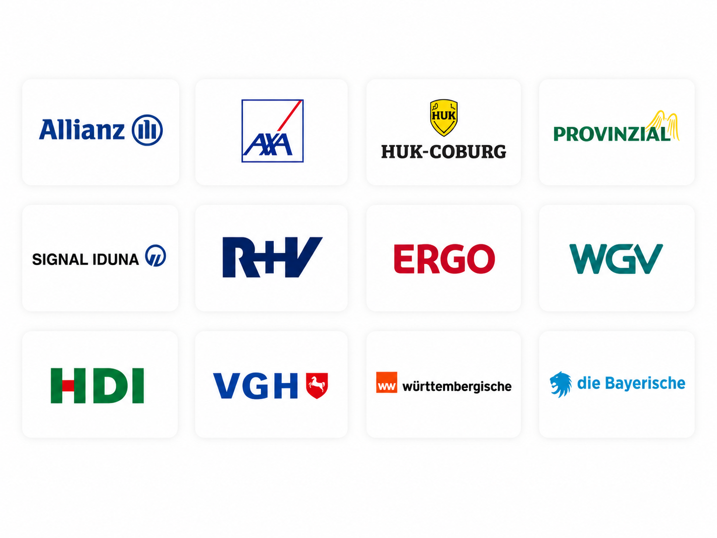 Versicherungspartner: Allianz, AXA, HUK-COBURG, Provinzial, Signal Iduna, R+V, ERGO, WGV, HDI, VGH, Württembergische, die Bayerische