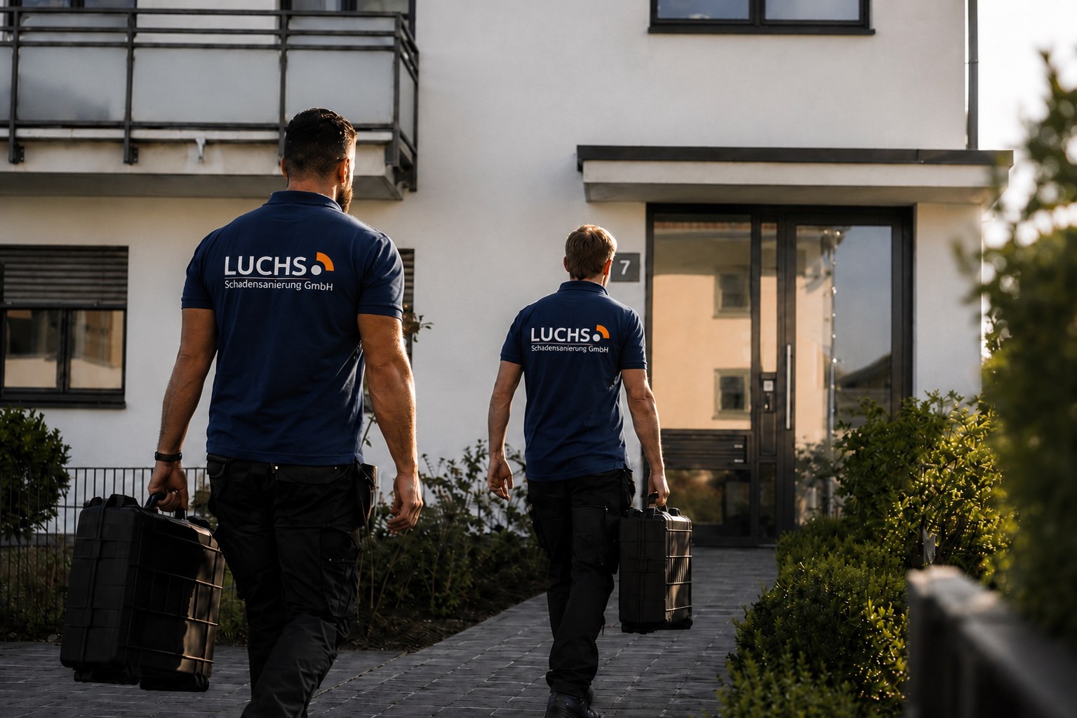 Team von Luchs Schadensanierung in Dortmund vor einem Wohngebäude
